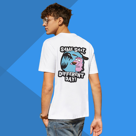 Courage Cartoon Same Shit Different Day Printed Men's White T-Shirt